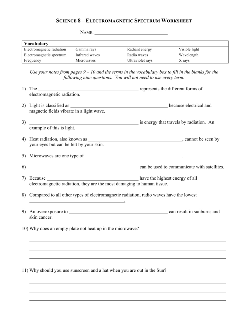 Science 8 Electromagnetic Spectrum Worksheet Answers Db excel