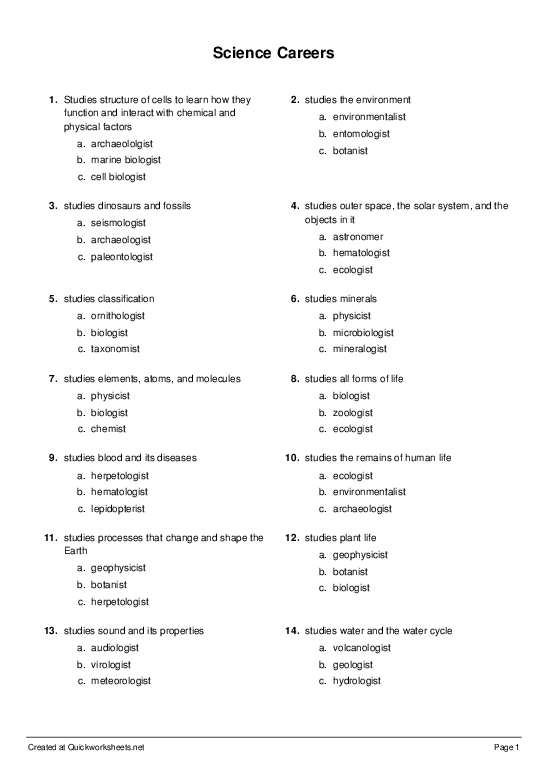 Science Careers Multiple Choice Worksheet Quickworksheets