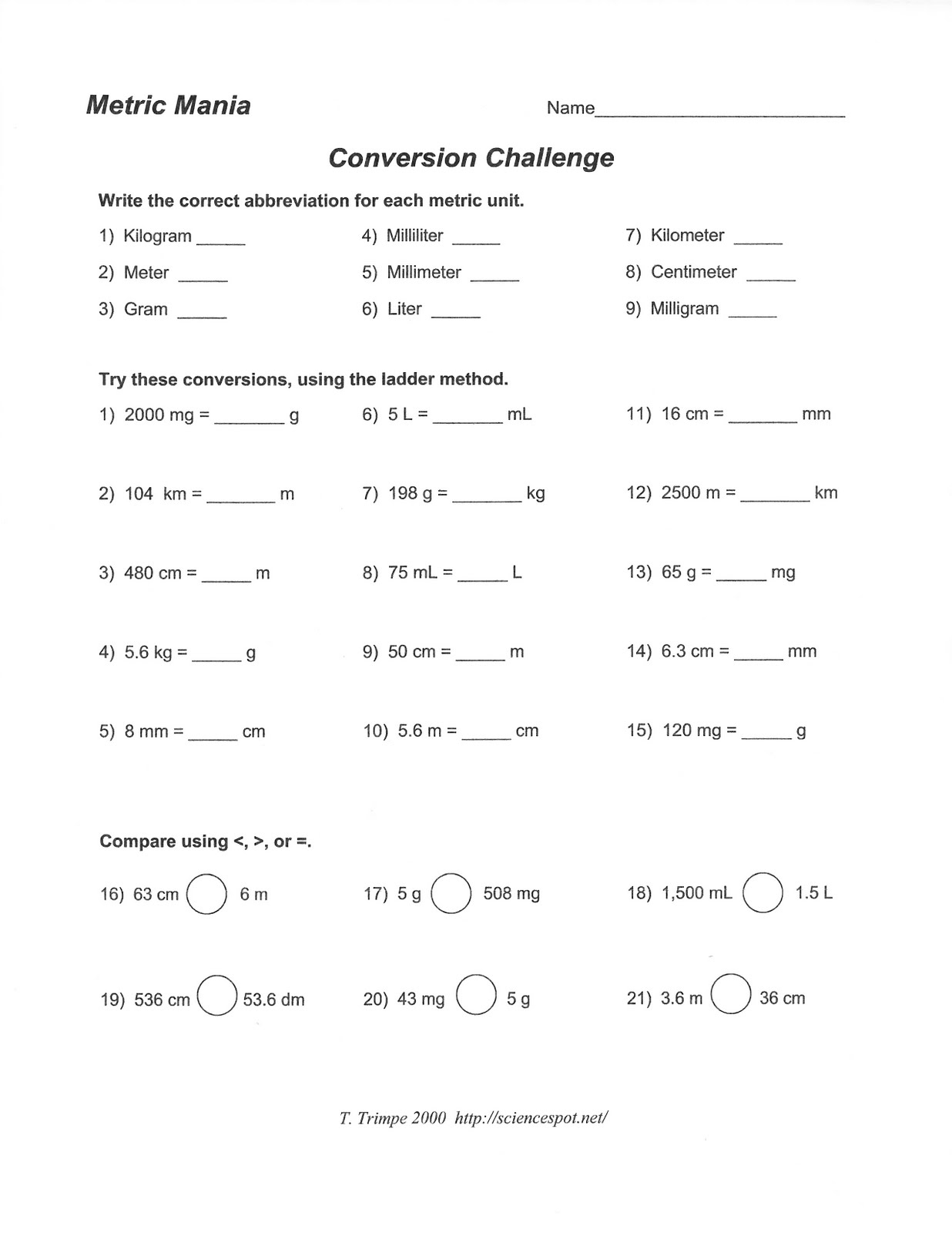 Science Class Metric System Conversion Worksheet