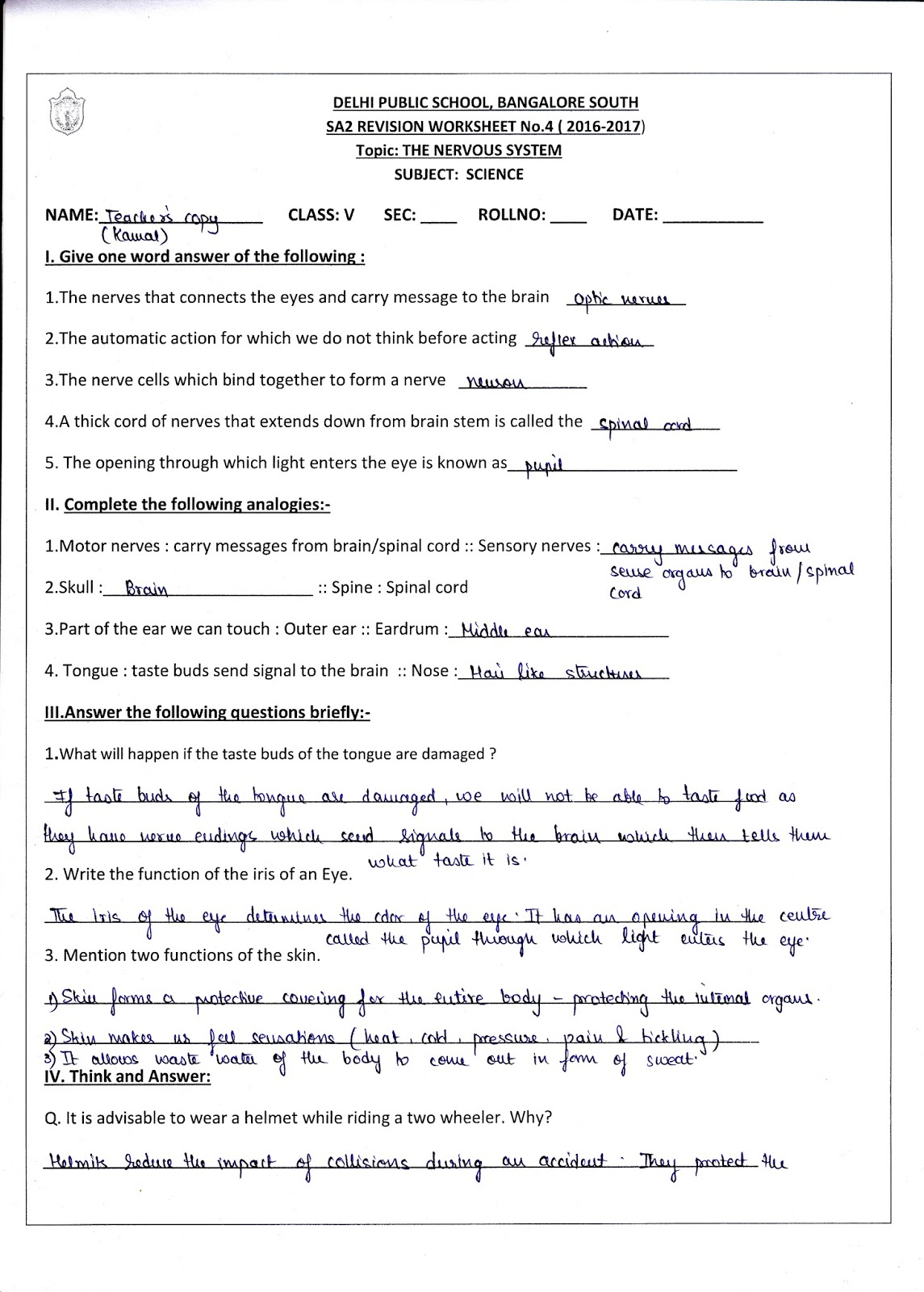 Science DPSkamal Grade 5 Answer Key Of All Revision Worksheets