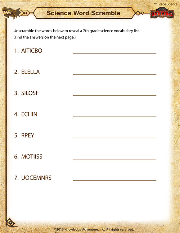 Science Word Scramble View 7th Grade Kids Worksheets SoD