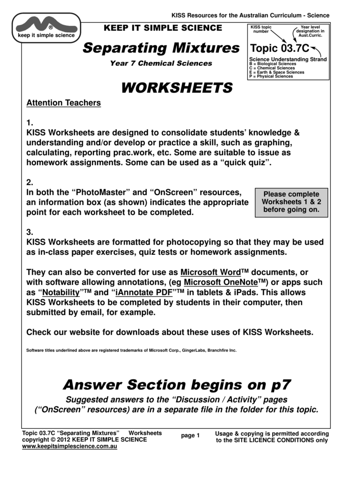 Separating Mixtures WORKSHEETS Answer Section Begins On P7