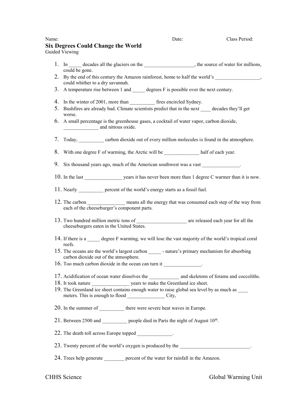 Science Movie Worksheets Six Degrees Could Change The World Answers Scienceworksheets