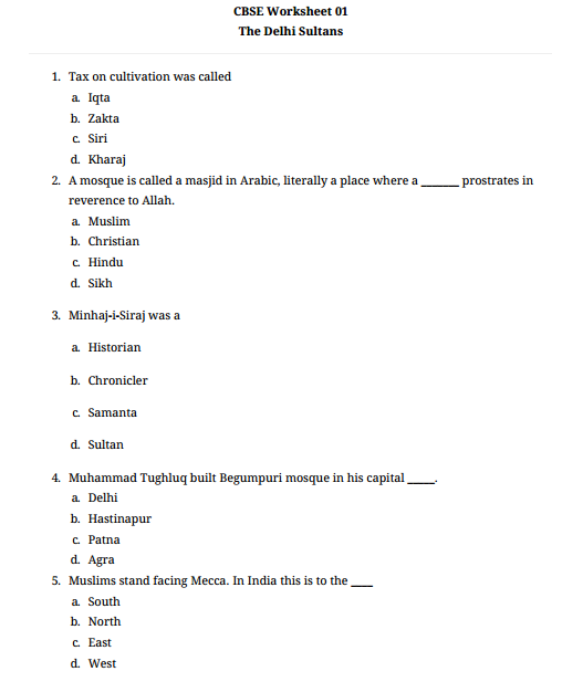 Std 7th Worksheets Social Science CBSE Board With Answers