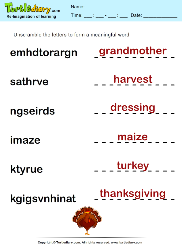 Thanksgiving Scramble Harvest Worksheet Turtle Diary