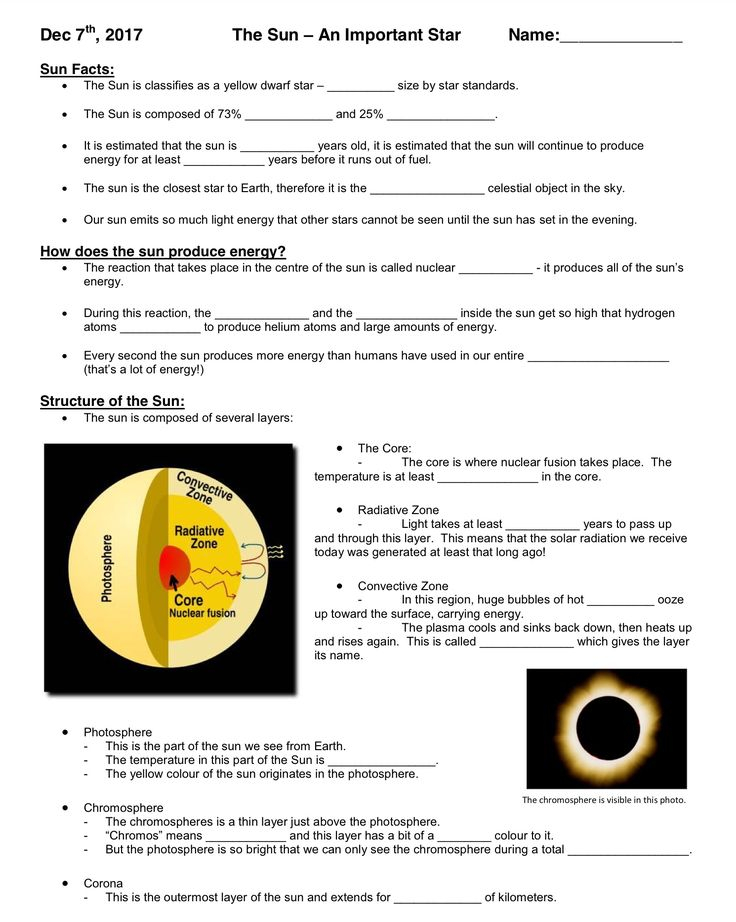 The Sun An Important Star Worksheet December 7 2017 Science