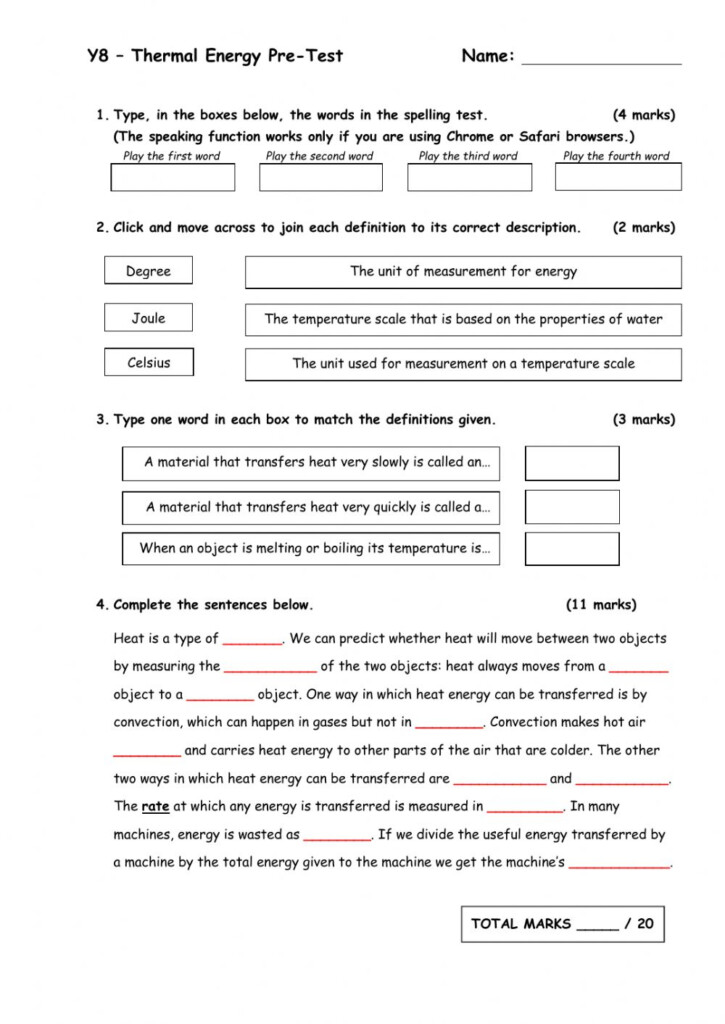 Thermal Energy short Test Worksheet