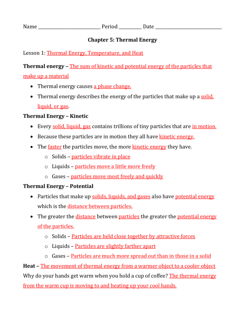 Thermal Energy Temperature And Heat Worksheet Lesson 1 Answer Key 