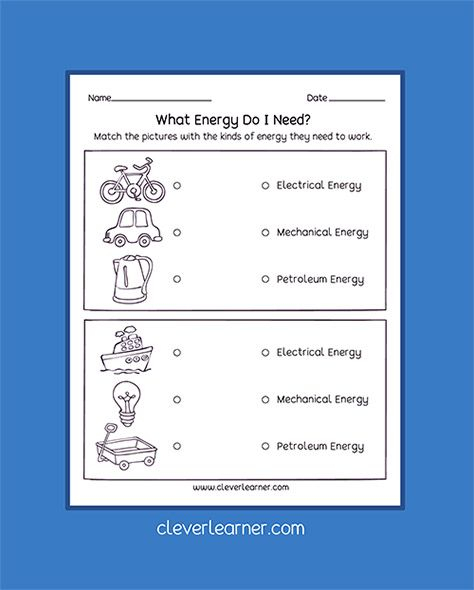 Types Of Energy Activity Sheets For Kindergarten And First Grade 