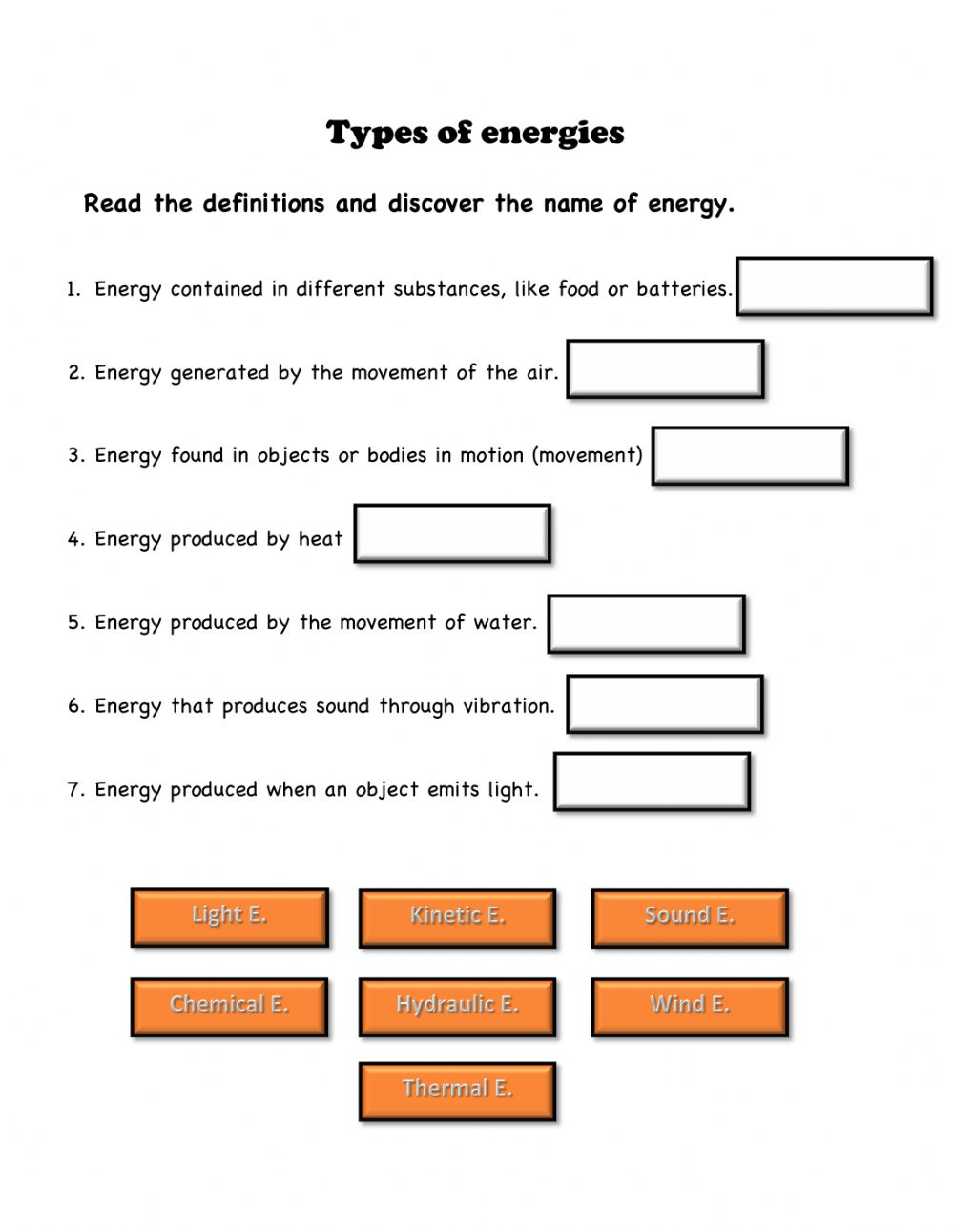 Types Of Energy Exercise For Grade 5