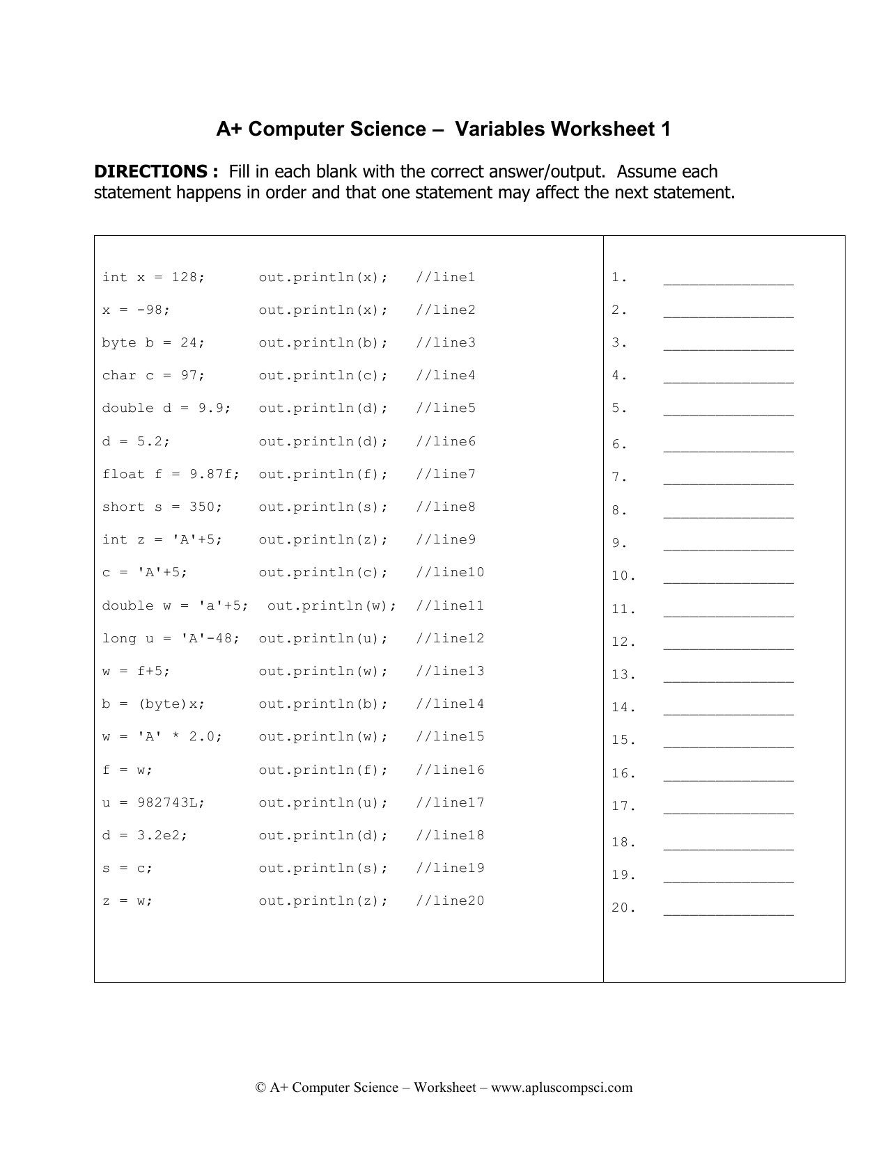 Variables Worksheet1 Java Aplus 3