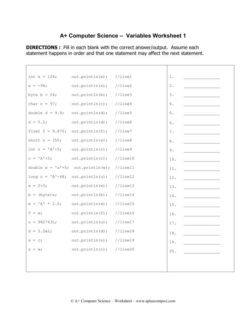 Variables Worksheet1 Java Aplus 3 