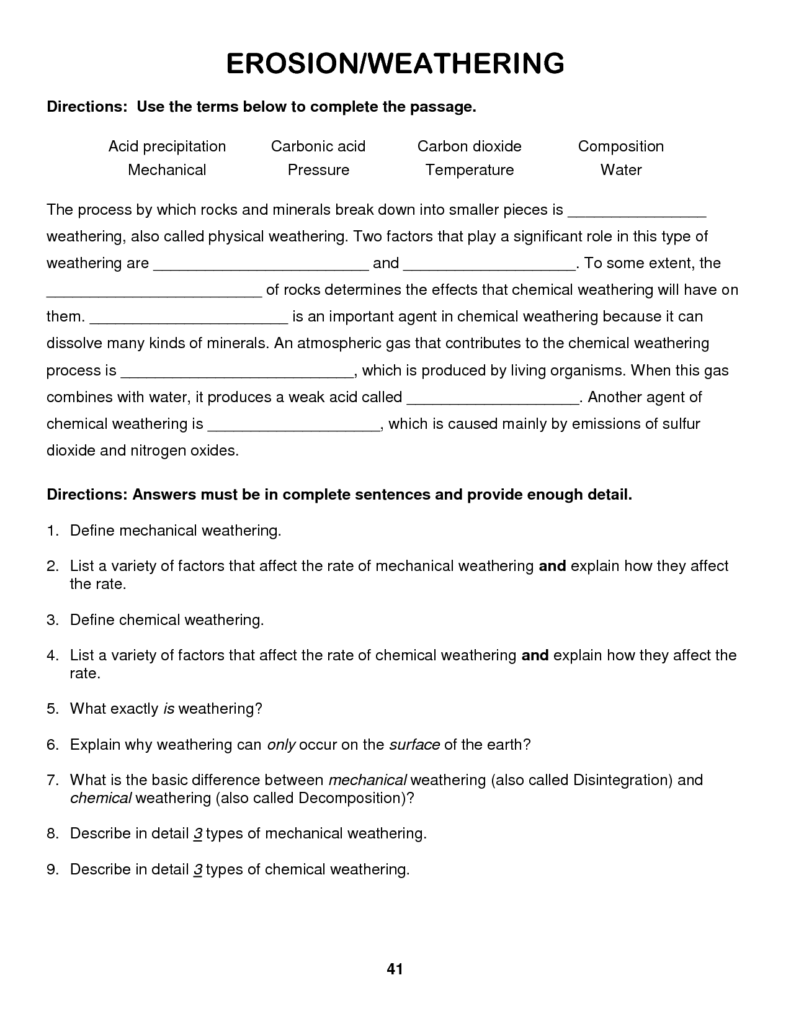 Weathering And Erosion Worksheets Weathering And Erosion Textbook 