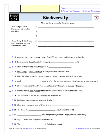 Worksheet For Bill Nye Biodiversity Video Differentiated Worksheet 