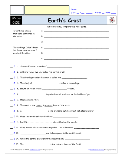 Worksheet For Bill Nye Earth s Crust Video Differentiated Worksheet 