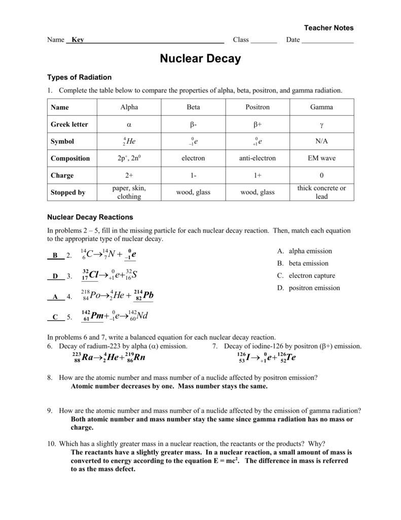 Worksheet Radioactive Decay Fission Fusion KEY