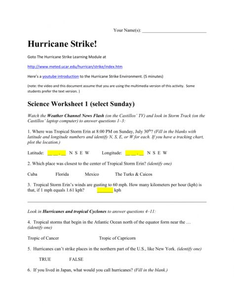 10 Hurricane Strike Science Worksheet Answers Science Worksheets