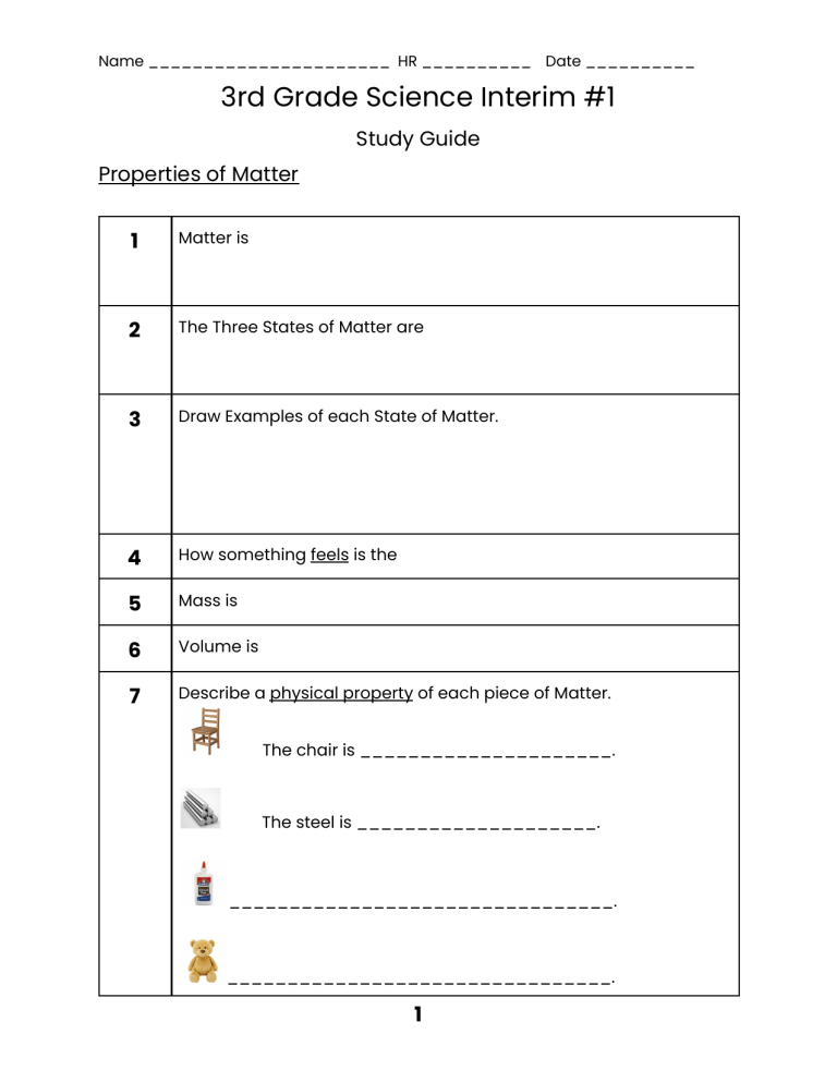 3rd Grade Physical Sciences Study Guide Matter Physical Properties And 