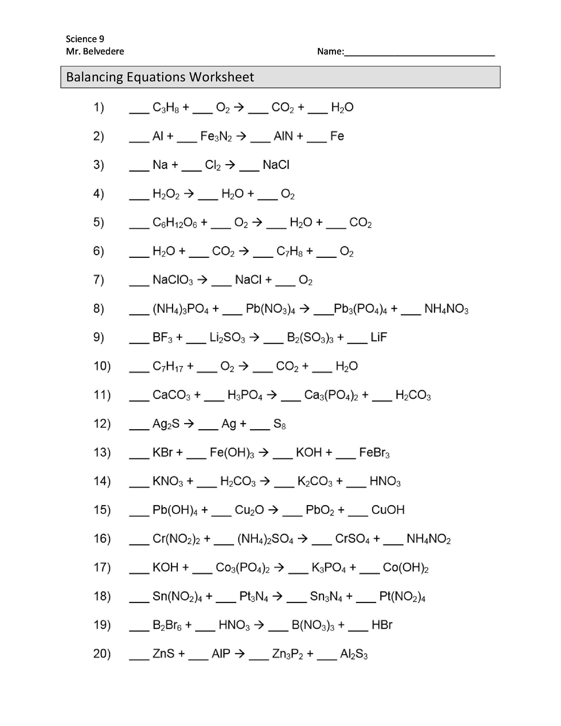 49 Balancing Chemical Equations Worksheets with Answers