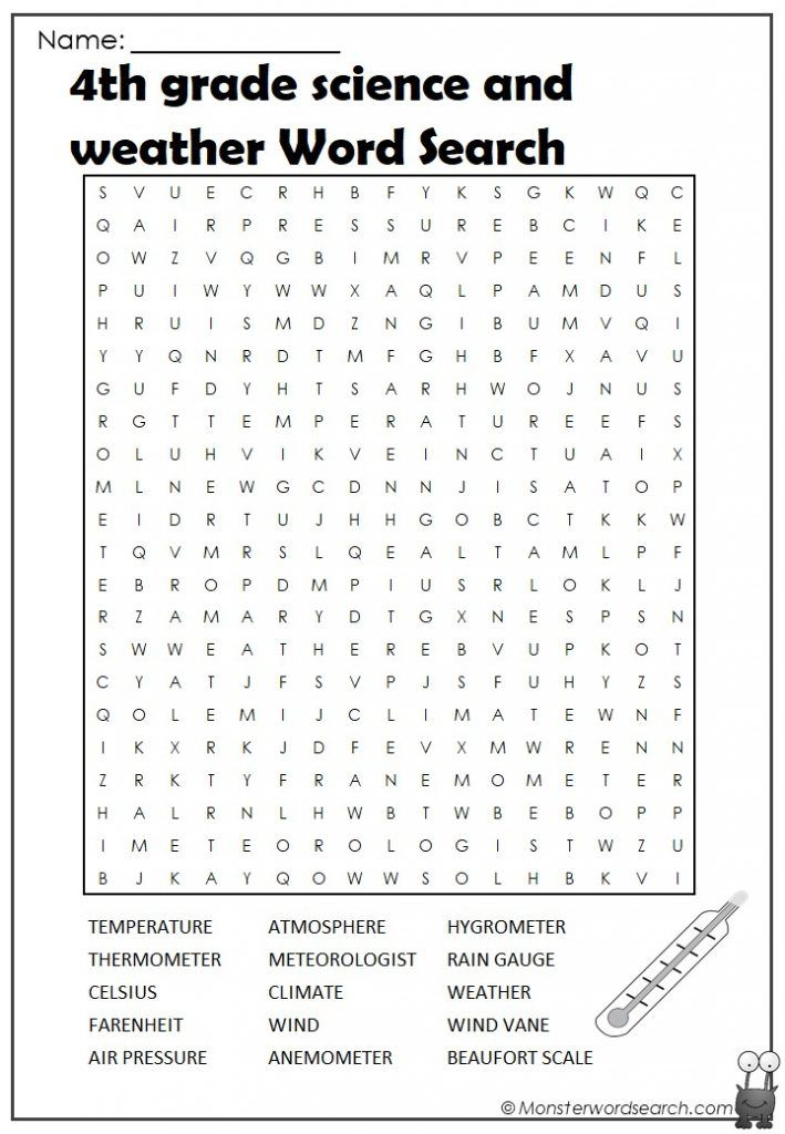 4th Grade Science And Weather Word Search Monster Word Search 