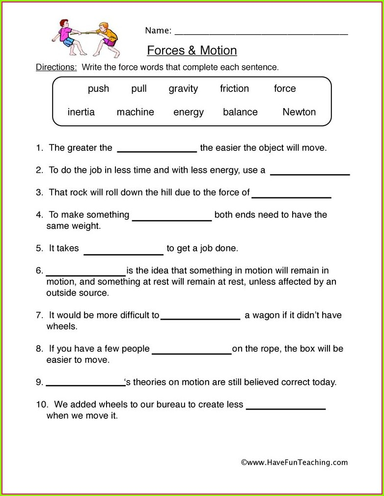 5th Grade Science Force And Motion Quiz Worksheet Resume Examples