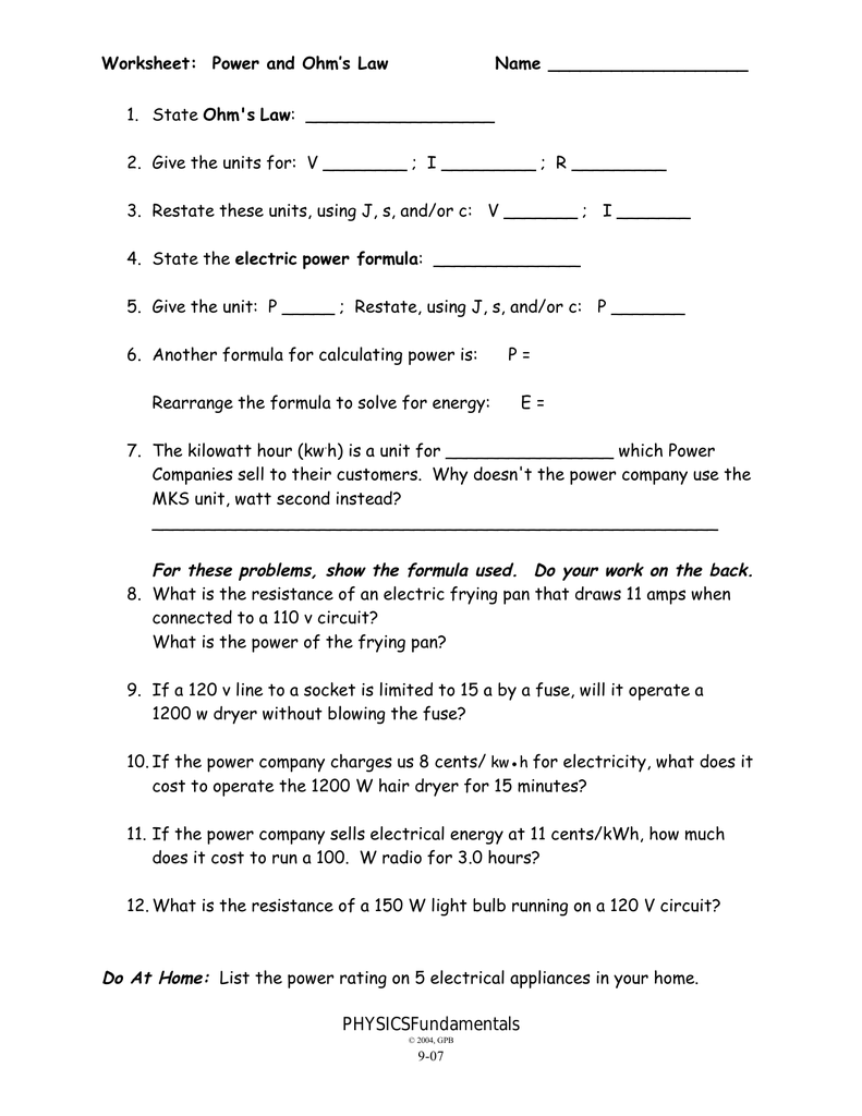 9 07 Worksheet Power And Ohm s Law