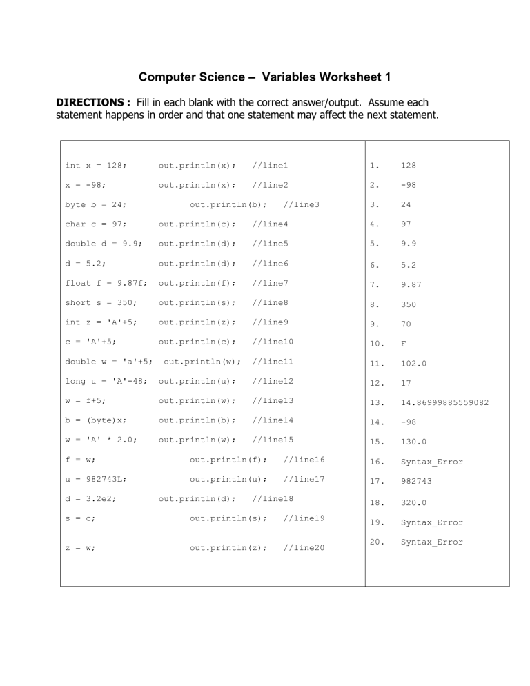 A Computer Science Variables Worksheet 1 Answer Key