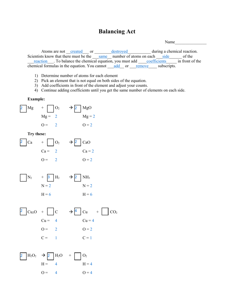 Balancing Equations Practice Worksheet Answer Key Science Spot 