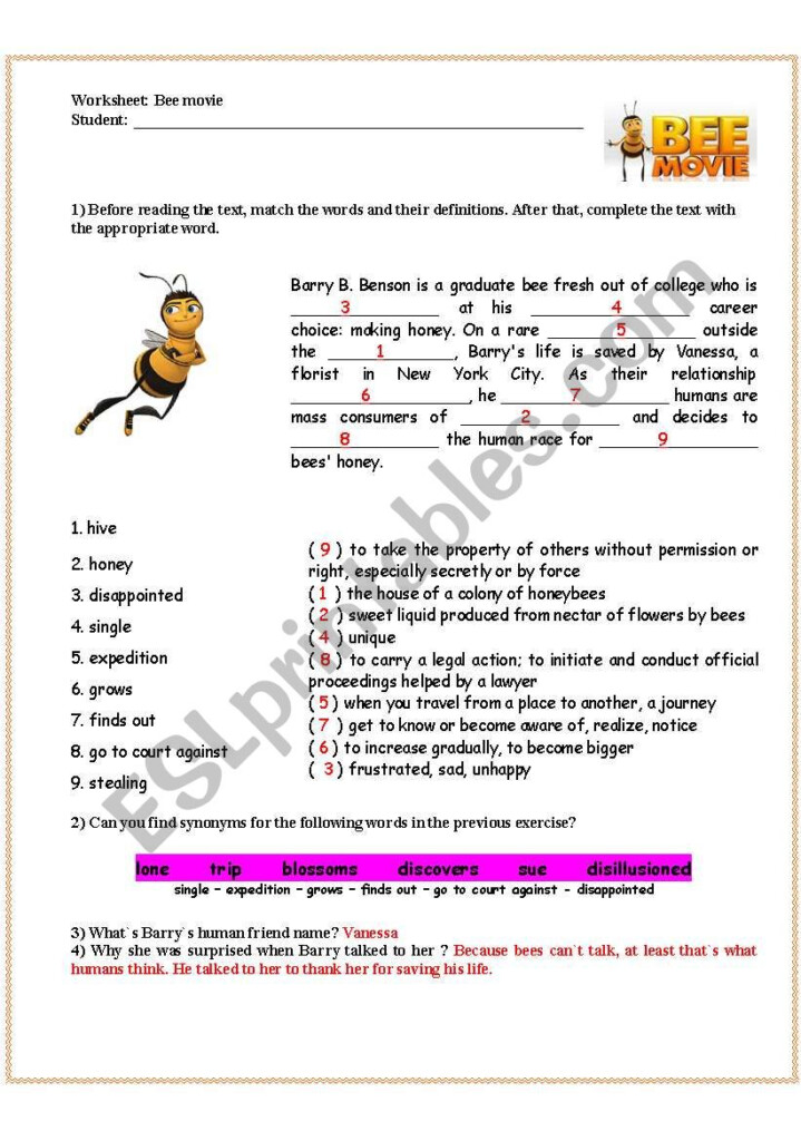 Bee Movie Answer Key ESL Worksheet By Ericaplak