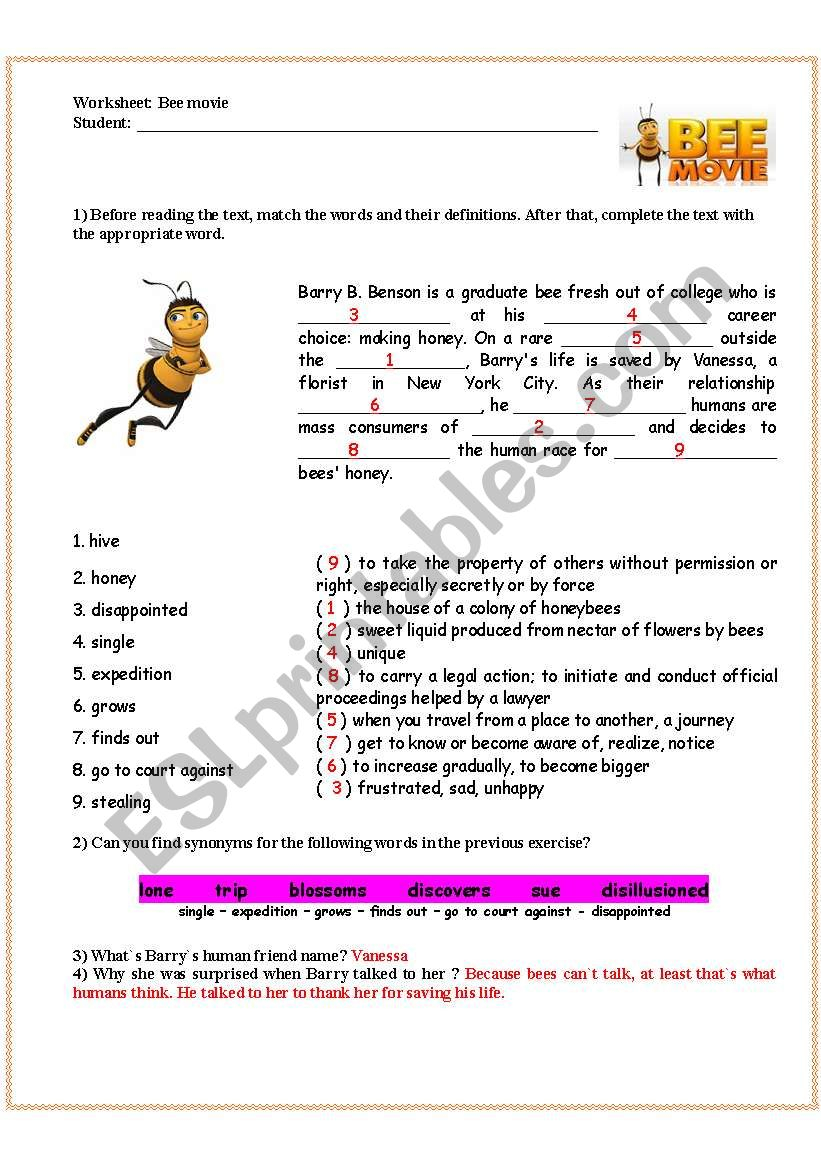 Bee Movie Answer Key ESL Worksheet By Ericaplak