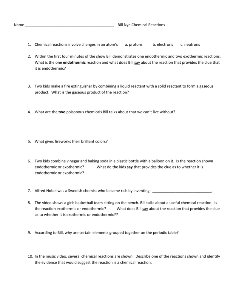 Bill Nye Chemical Reactions Worksheet Answers Db excel