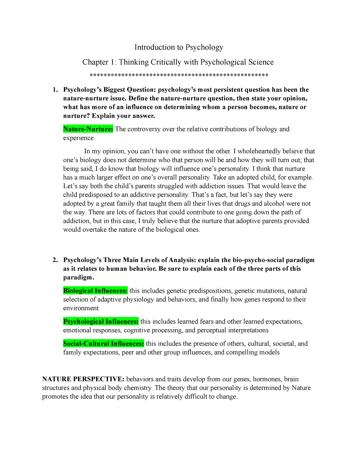 Chapter 1 Thinking Critically With Psychological Science Worksheet ...