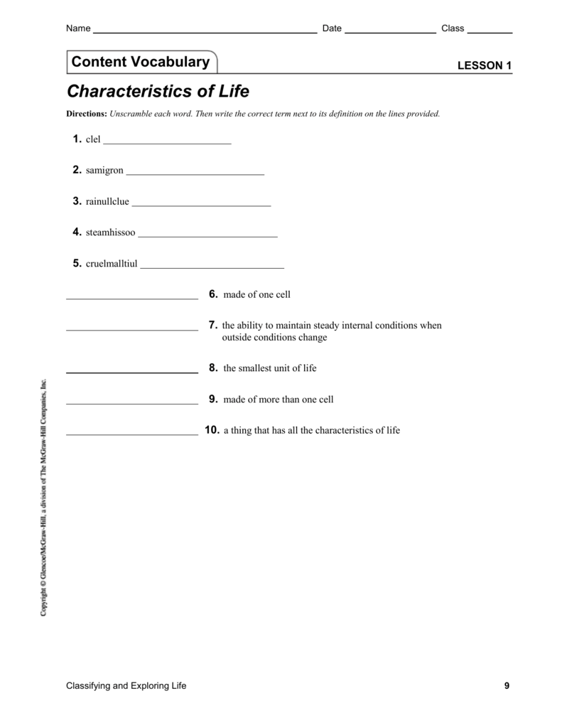 Characteristics Of Life Worksheet