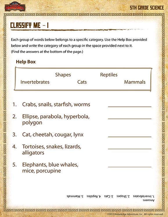 Classify Me 1 View 5th Grade Science Worksheet