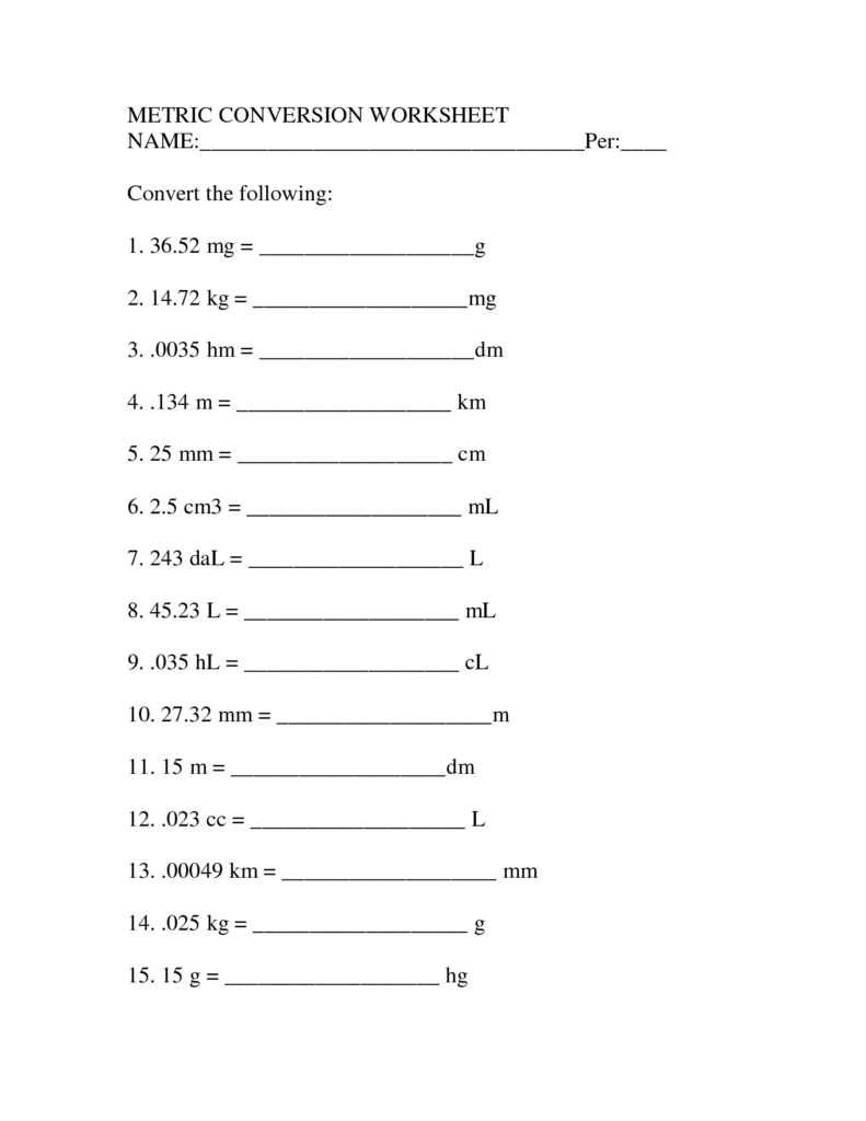 Converting Units Worksheets