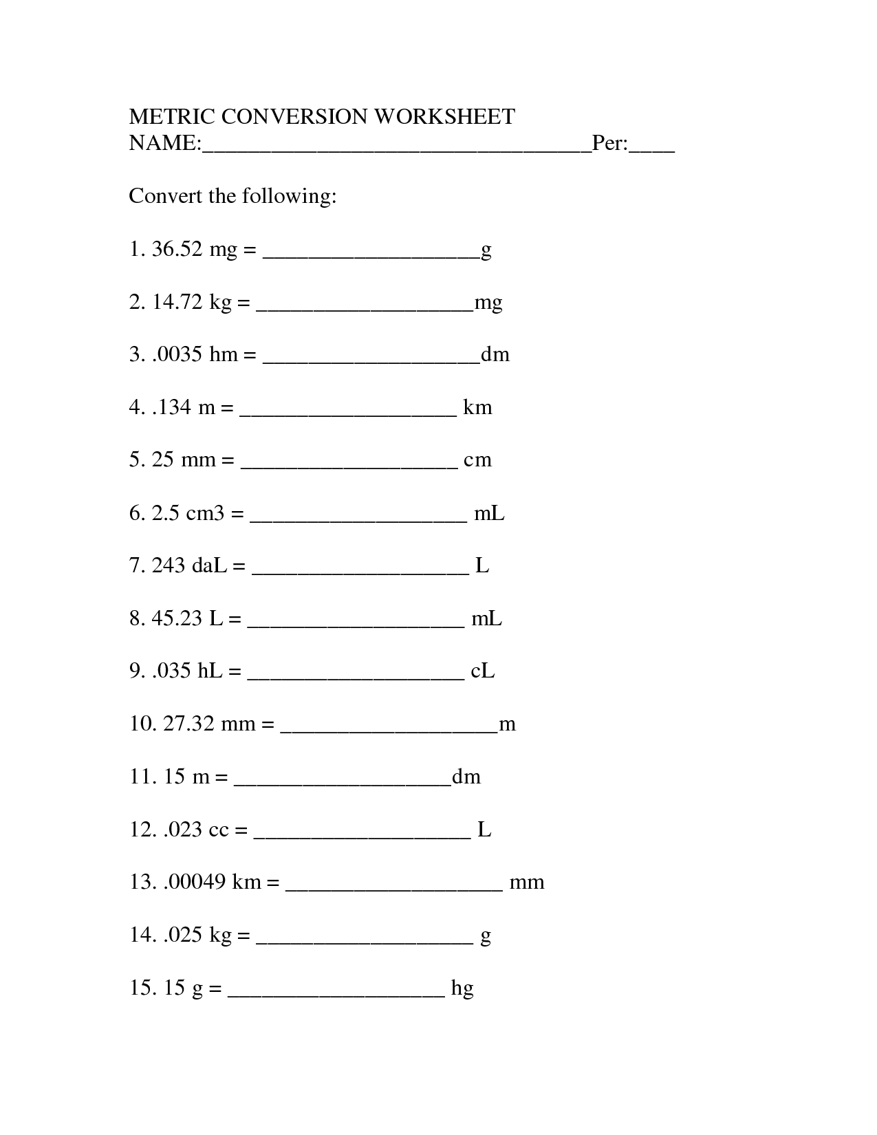 Converting Units Worksheets