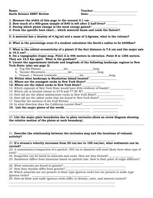 Earth Science Esrt Review Answer Key The Earth Images Revimage Org