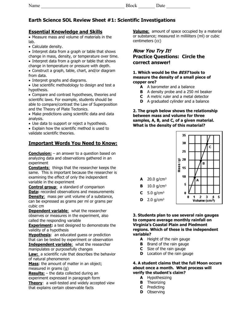 Earth Science SOL Review Sheet 1