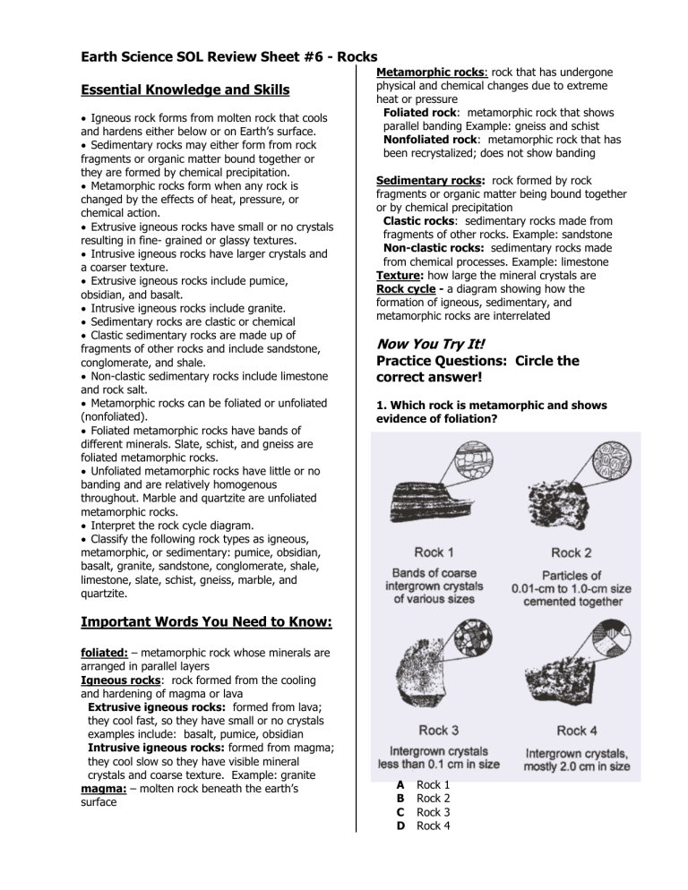 Earth Science SOL Review Sheet Rocks