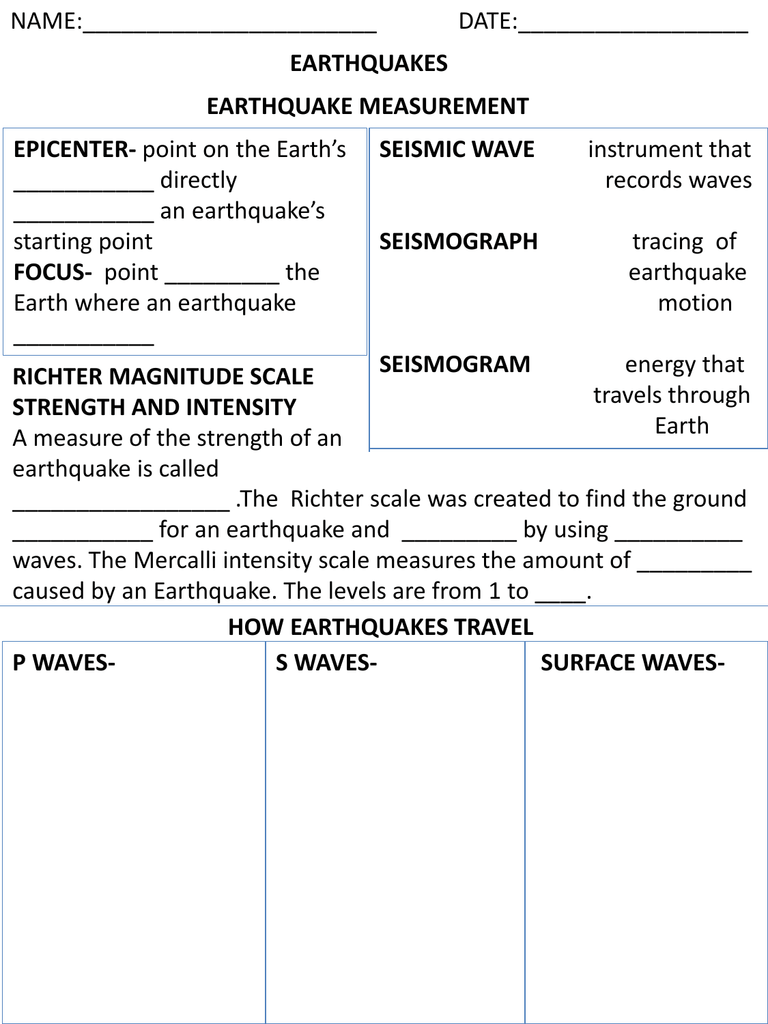 Earthquake Worksheet Earth Science Investigators