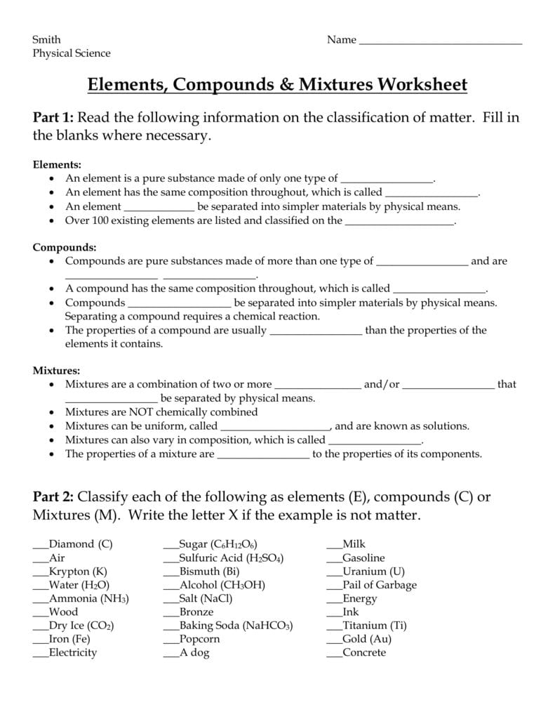 Elements Compounds And Mixtures Worksheet Answer Key Db excel