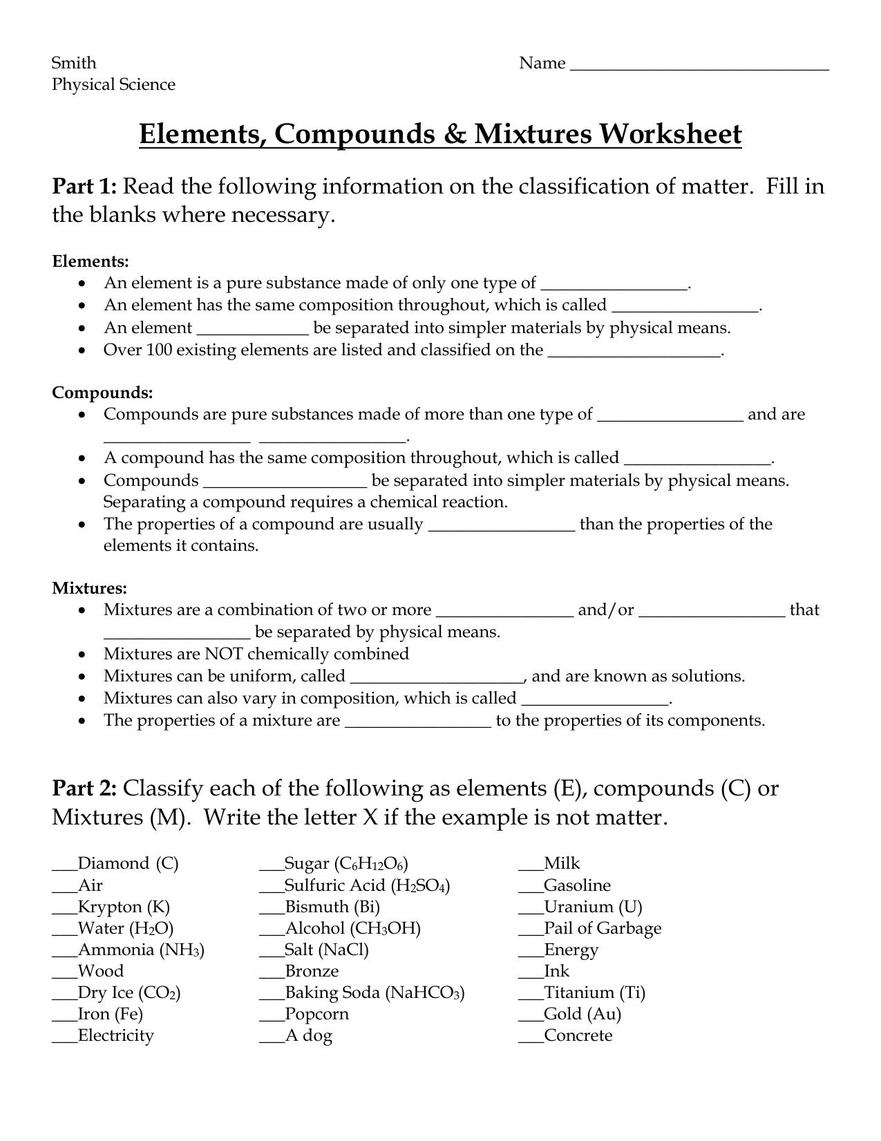 Elements Compounds Mixtures Worksheet