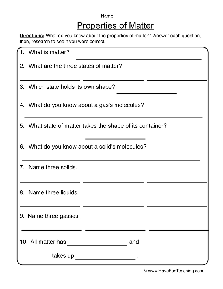 Fifth Grade States Of Matter Worksheets Have Fun Teaching