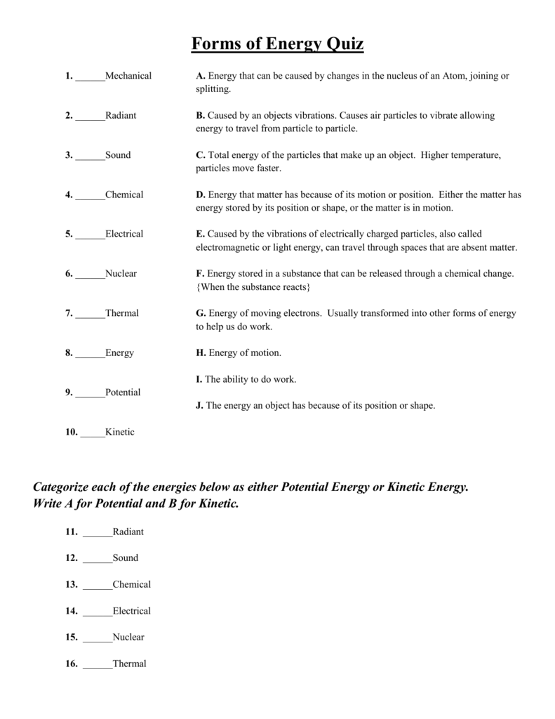Forms Of Energy Quiz RRMS 8th Grade Science