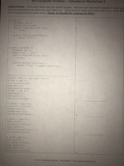  Get Answer AP Computer Science Inheritance Worksheet 2 DIRECTIONS 