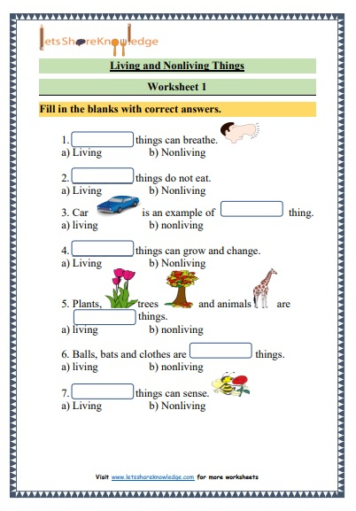 Grade 1 Science Living And Nonliving Things Printable Worksheets