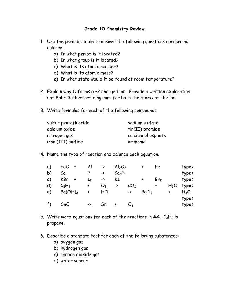 Grade 10 Chemistry Review Calcium