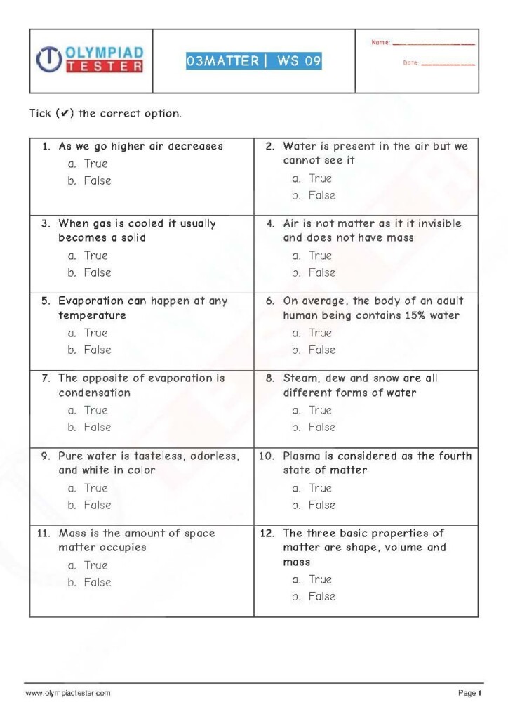 National Science Olympiad NSO Class 3 PDF Worksheet On Chapter Matter 