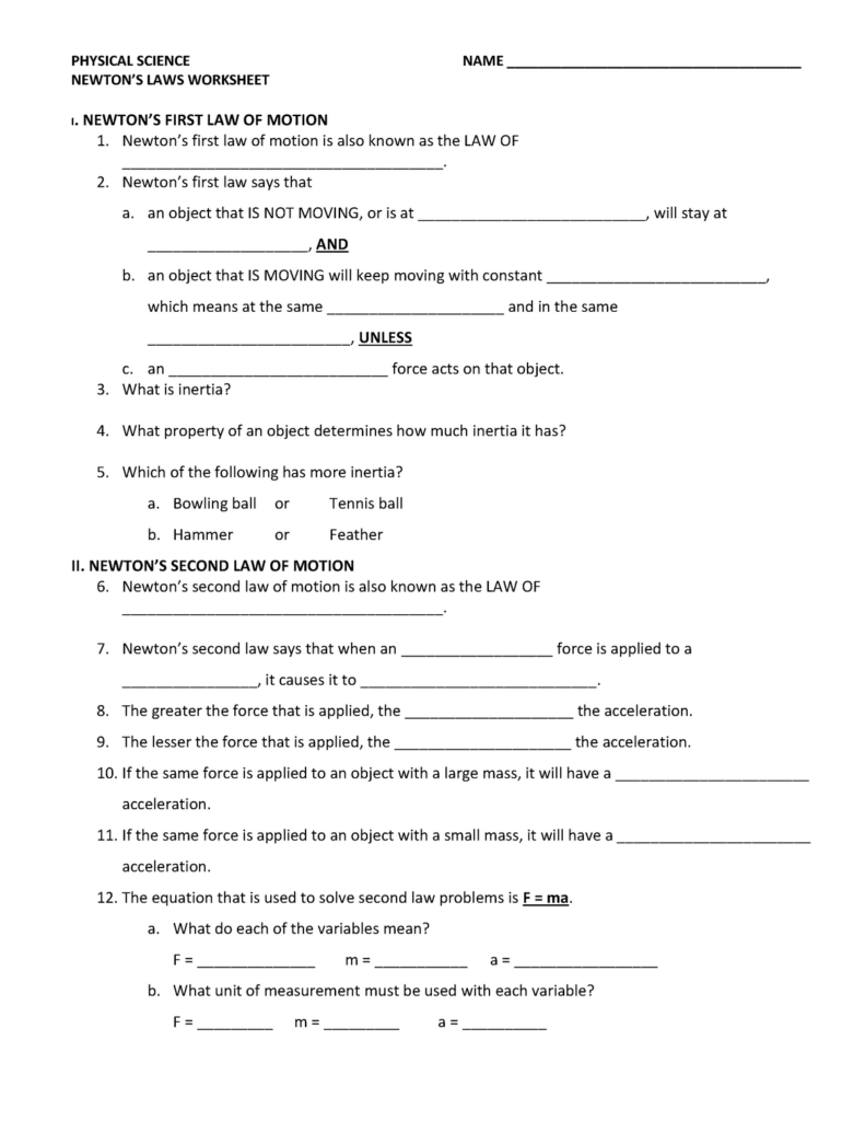 Newton S Laws Worksheet PHYSICAL SCIENCE NAME 