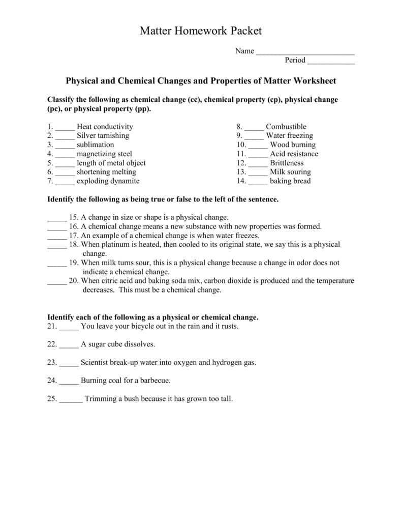 Physical And Chemical Properties And Changes Worksheet Db excel